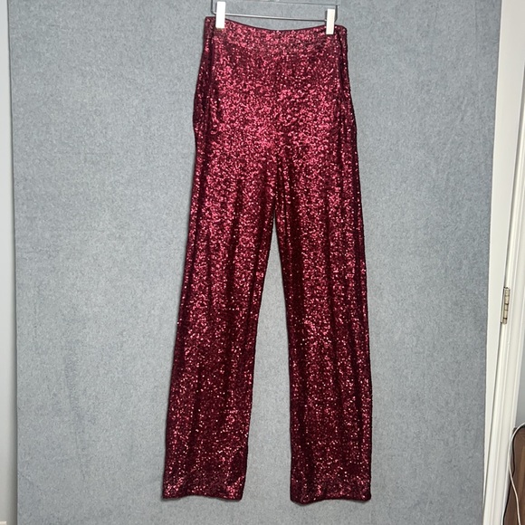 Susana Monaco High rise Red Sequin Lined “Wide Leg” Pants NWT Size Small - Picture 1 of 9
